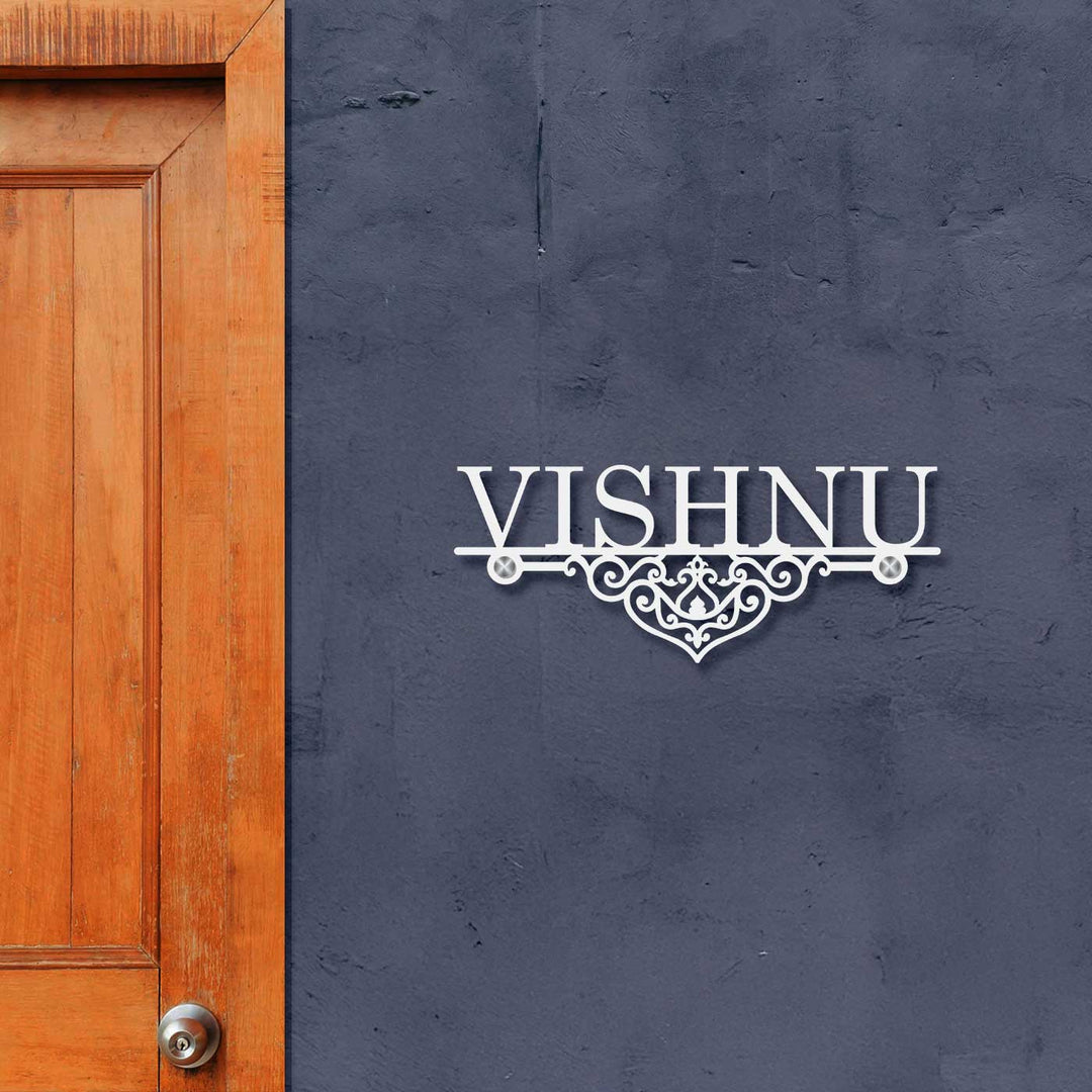 Personalized Laser Cut Elegant Design Steel Name Plate - Mounted on Entryway Wall