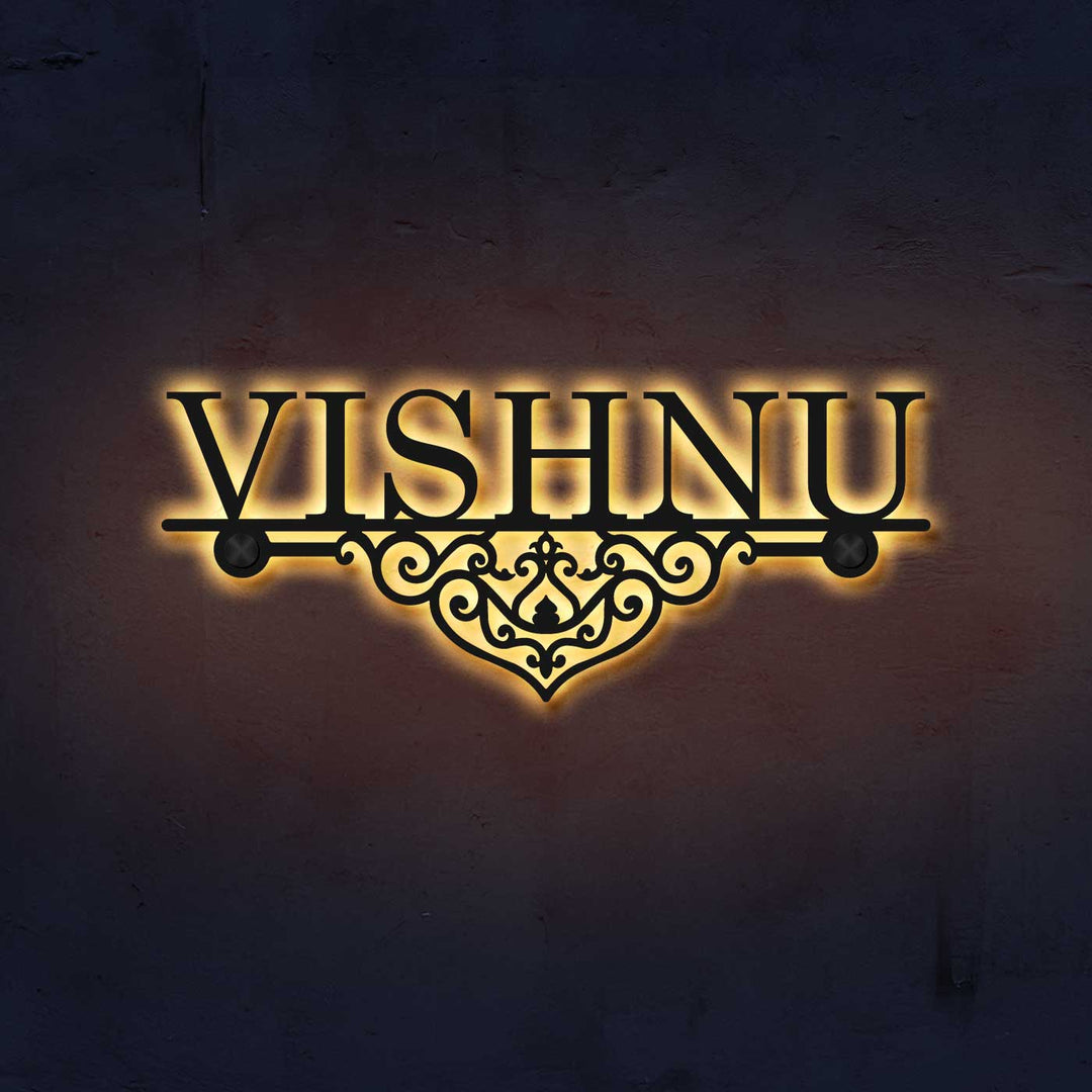 Personalized Laser Cut Elegant Design Steel Name Plate - Front View with Backlight Glow