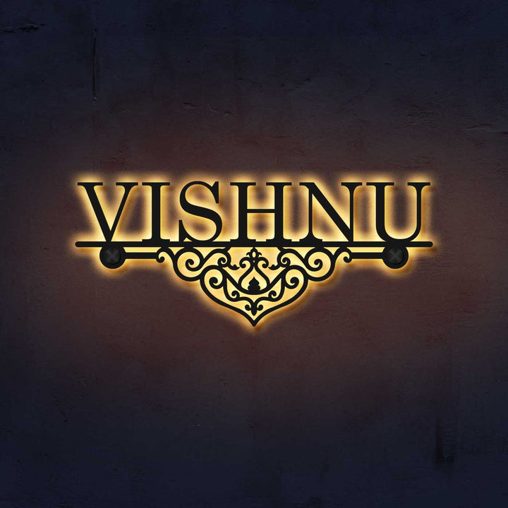 Personalized Laser Cut Elegant Design Steel Name Plate - Front View with Backlight Glow