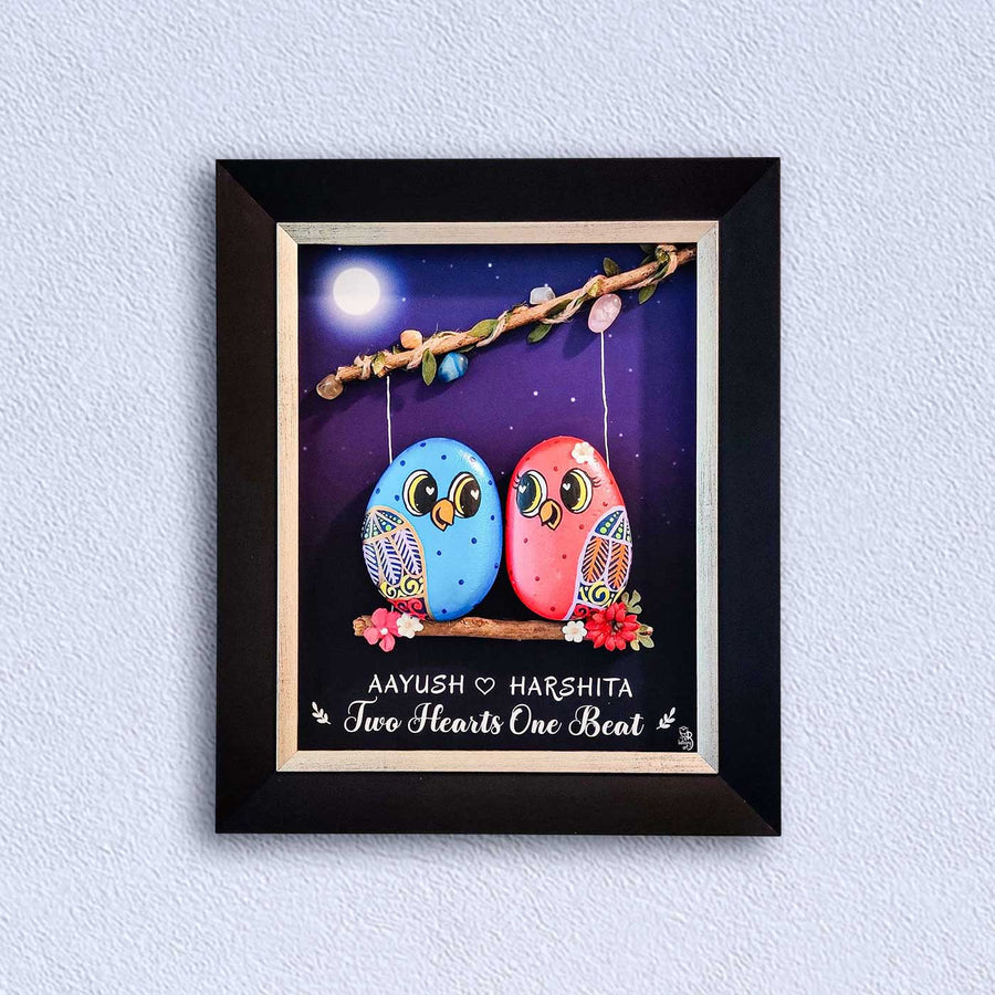 Personalized Pebble Art Couple On Branch Wooden Name Plate - Framed Wall Hanging Front View