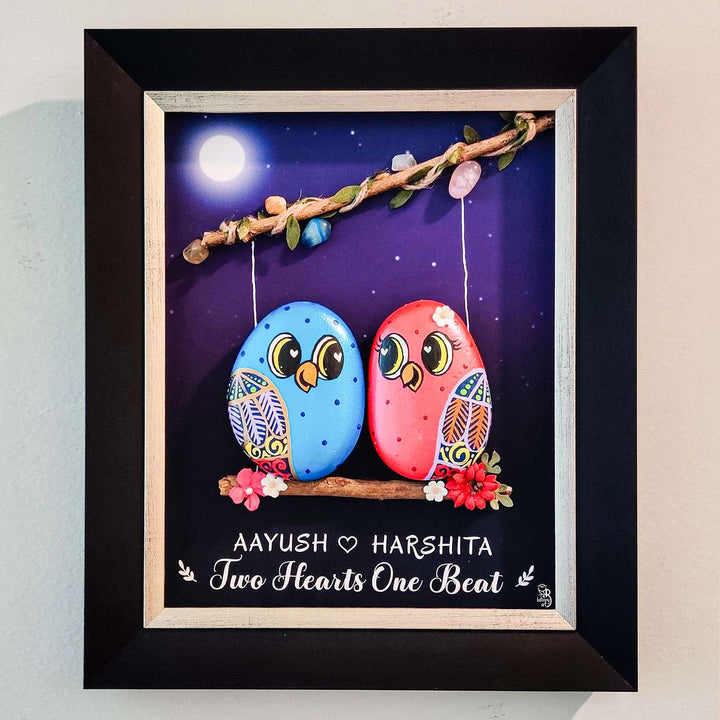 Personalized Pebble Art Couple On Branch Wooden Name Plate - Front View with Name Personalization