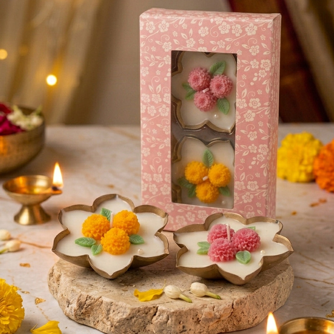 2 pc | Handmade Phool Marigold Design Metal Urli Soy Wax Scented Candle For Festive Decor