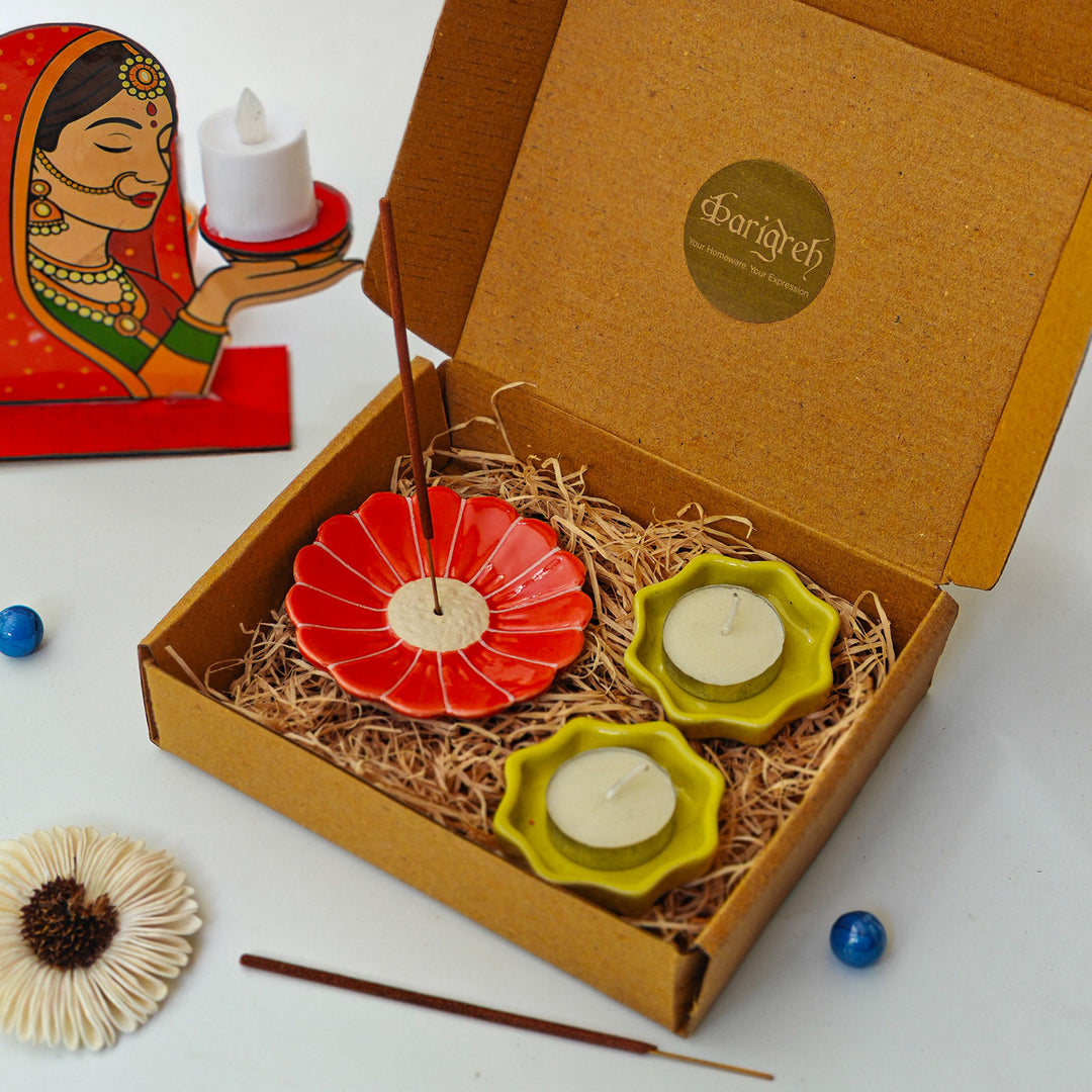 Handcrafted Ceramic Phool & Prakash Diwali Gift Hamper With Agarbatti Stand And 2 Star Diyas