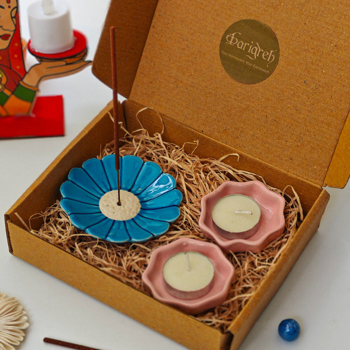Handcrafted Ceramic Phool & Prakash Diwali Gift Hamper With Agarbatti Stand And 2 Star Diyas