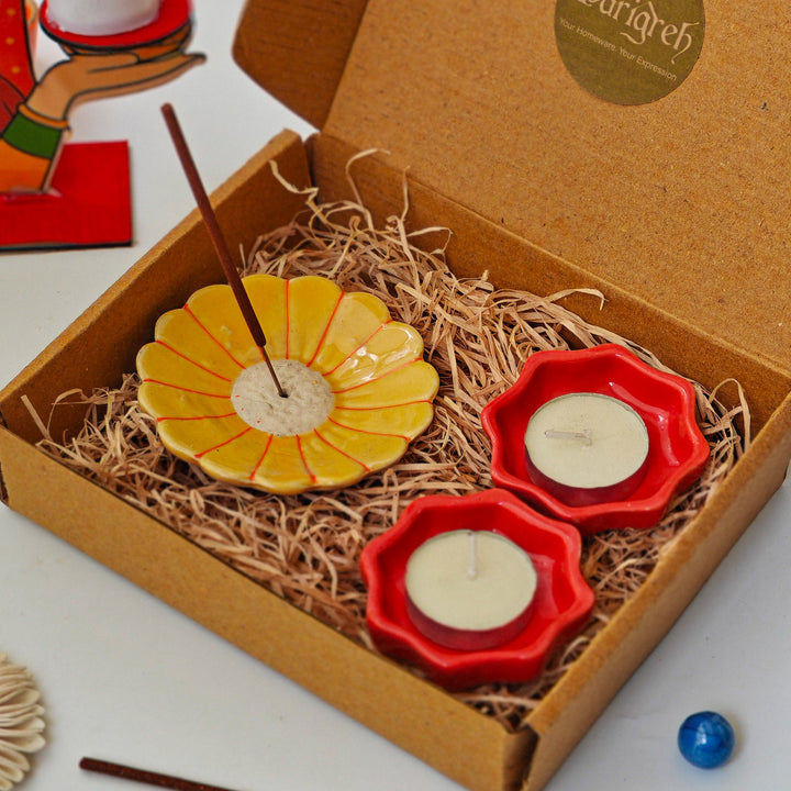 Handcrafted Ceramic Phool & Prakash Diwali Gift Hamper With Agarbatti Stand And 2 Star Diyas