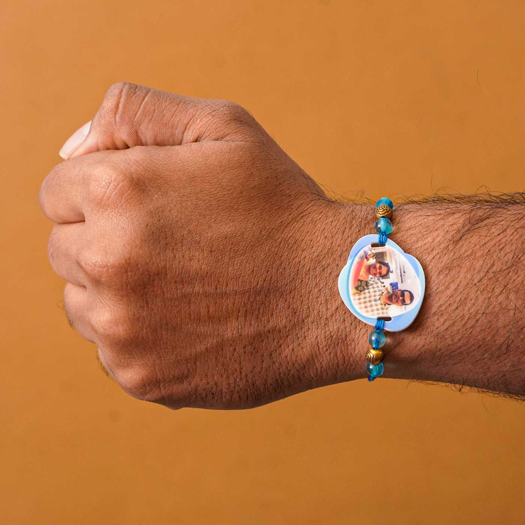 Photo Personalized Handmade Photo Acrylic Rakhi With Roli Chawal - Worn on wrist, blue rakhi