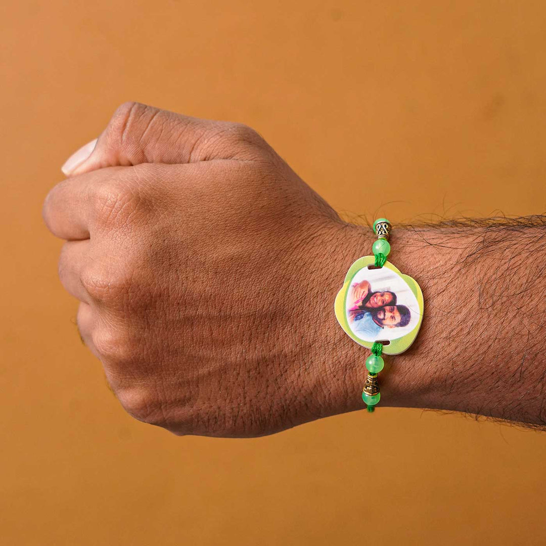 Photo Personalized Handmade Photo Acrylic Rakhi With Roli Chawal - Worn on wrist, green rakhi