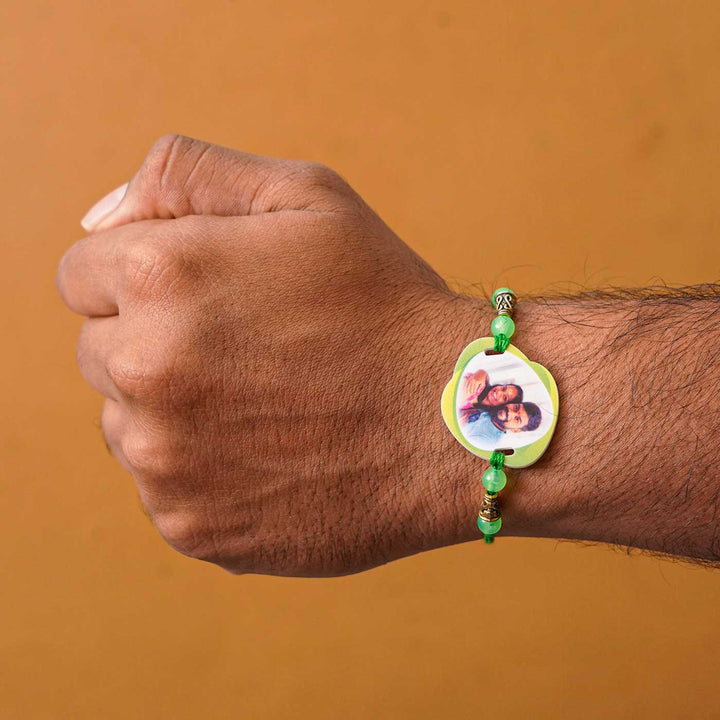 Photo Personalized Handmade Photo Acrylic Rakhi With Roli Chawal - Worn on wrist, green rakhi