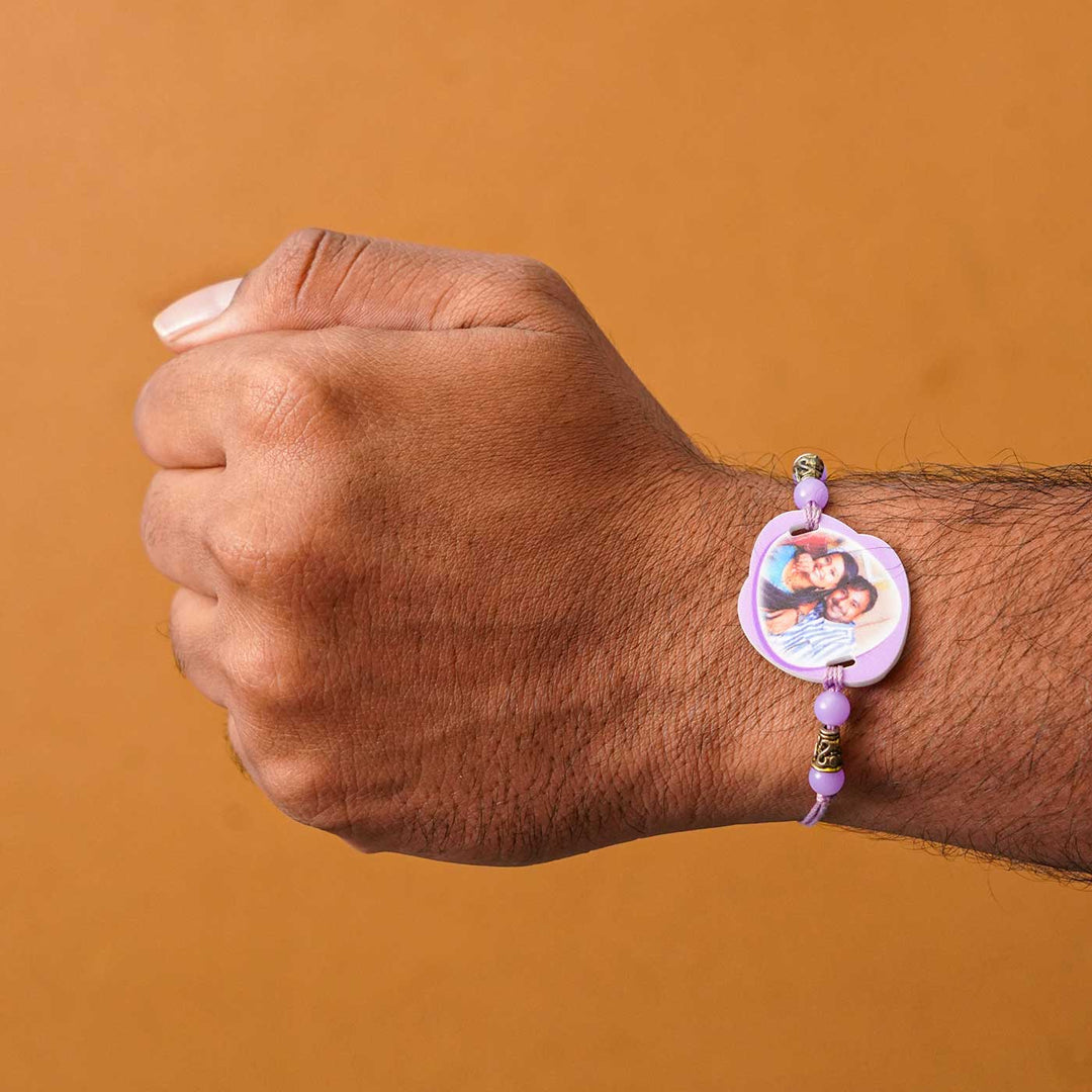 Photo Personalized Handmade Photo Acrylic Rakhi With Roli Chawal - Worn on wrist, purple rakhi