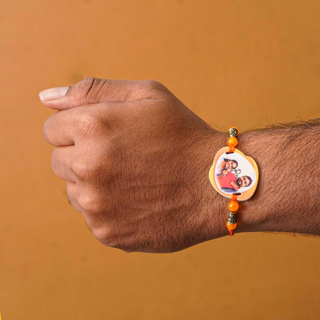 Photo Personalized Handmade Photo Acrylic Rakhi With Roli Chawal - Worn on wrist, orange rakhi