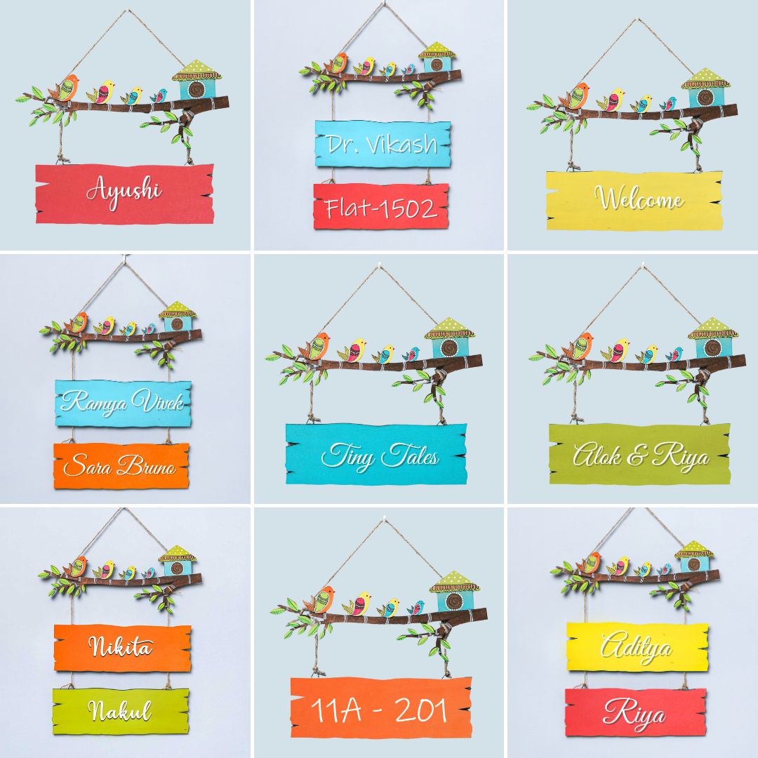 Personalized Hand Painted Sparrow Plank Name Plate - Hanging Personalized Name Tags Display
