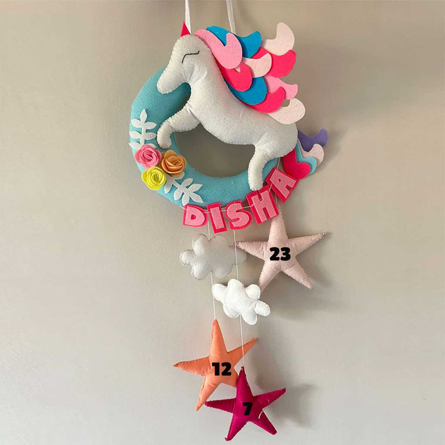 Handmade Unicorn On The Moon Kids Felt Name Hanging With Birthdate - Hanging Wall Decoration with Name Personalization