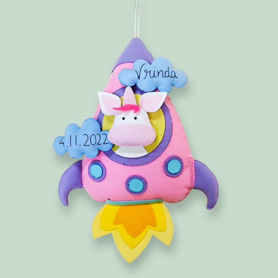 Personalized Pink Unicorn In Rocket Theme Felt Kids Name Plate - Hanging with Name and Date Tags