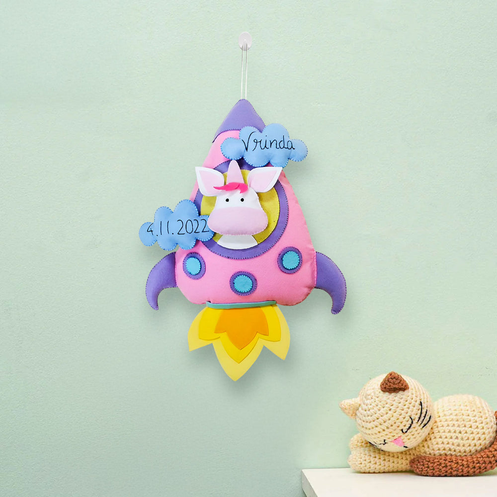Personalized Pink Unicorn In Rocket Theme Felt Kids Name Plate - Hanging on Wall with Suction Cup