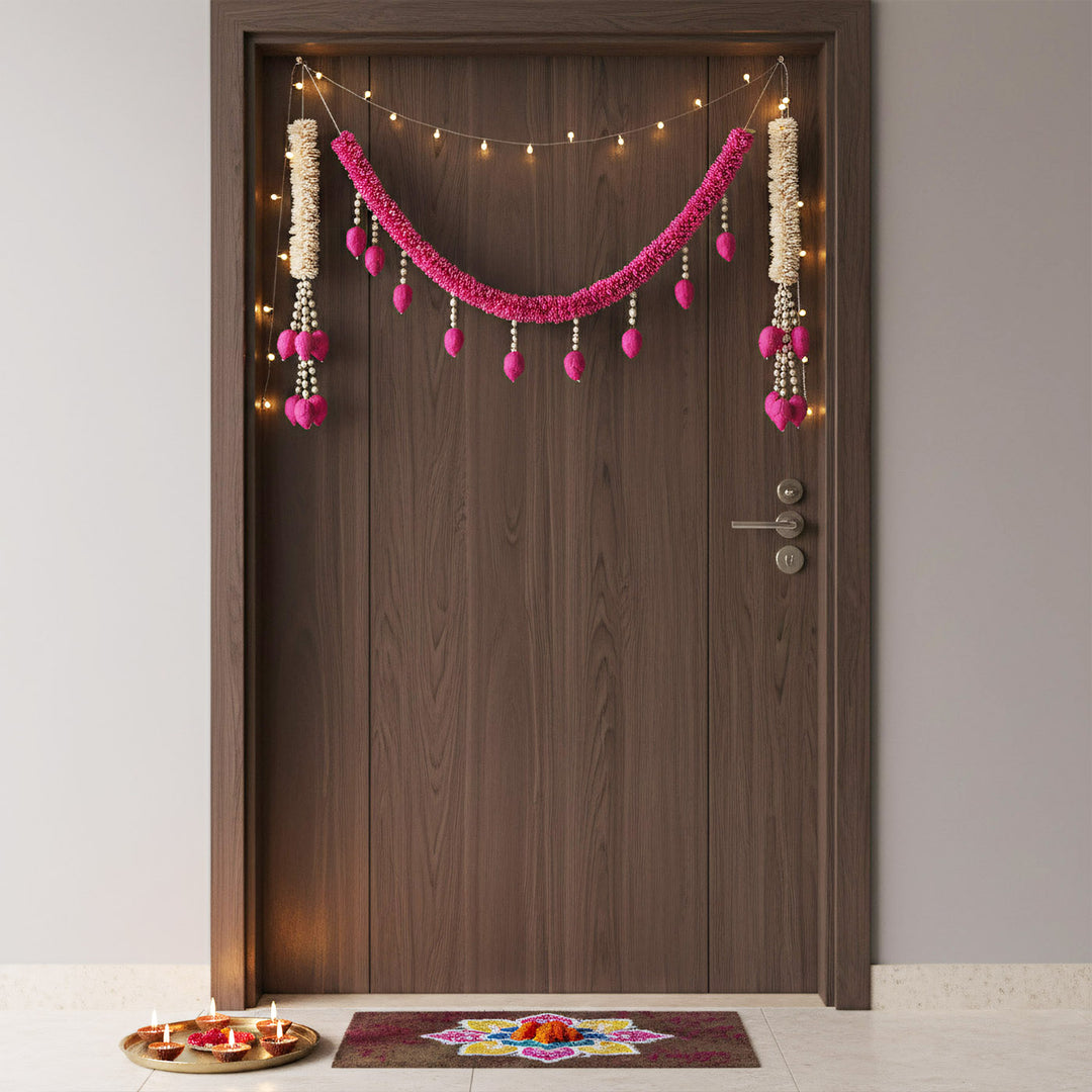 42 In | 3pc Set | Handmade Pink Royale Shola Flower Entrance Decor | Toran + 2 Hangings