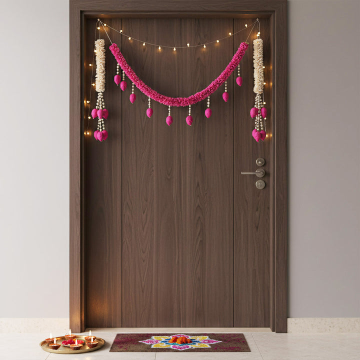 42 In | 3pc Set | Handmade Pink Royale Shola Flower Entrance Decor | Toran + 2 Hangings