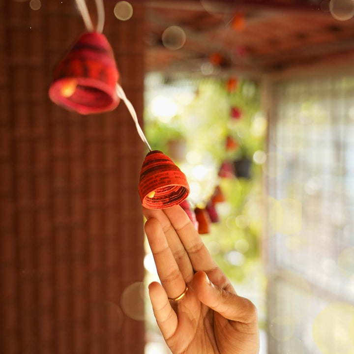 9m, 49 Bulbs | Upcycled Newspaper Indian LED Fairy Lights - Pink & Orange