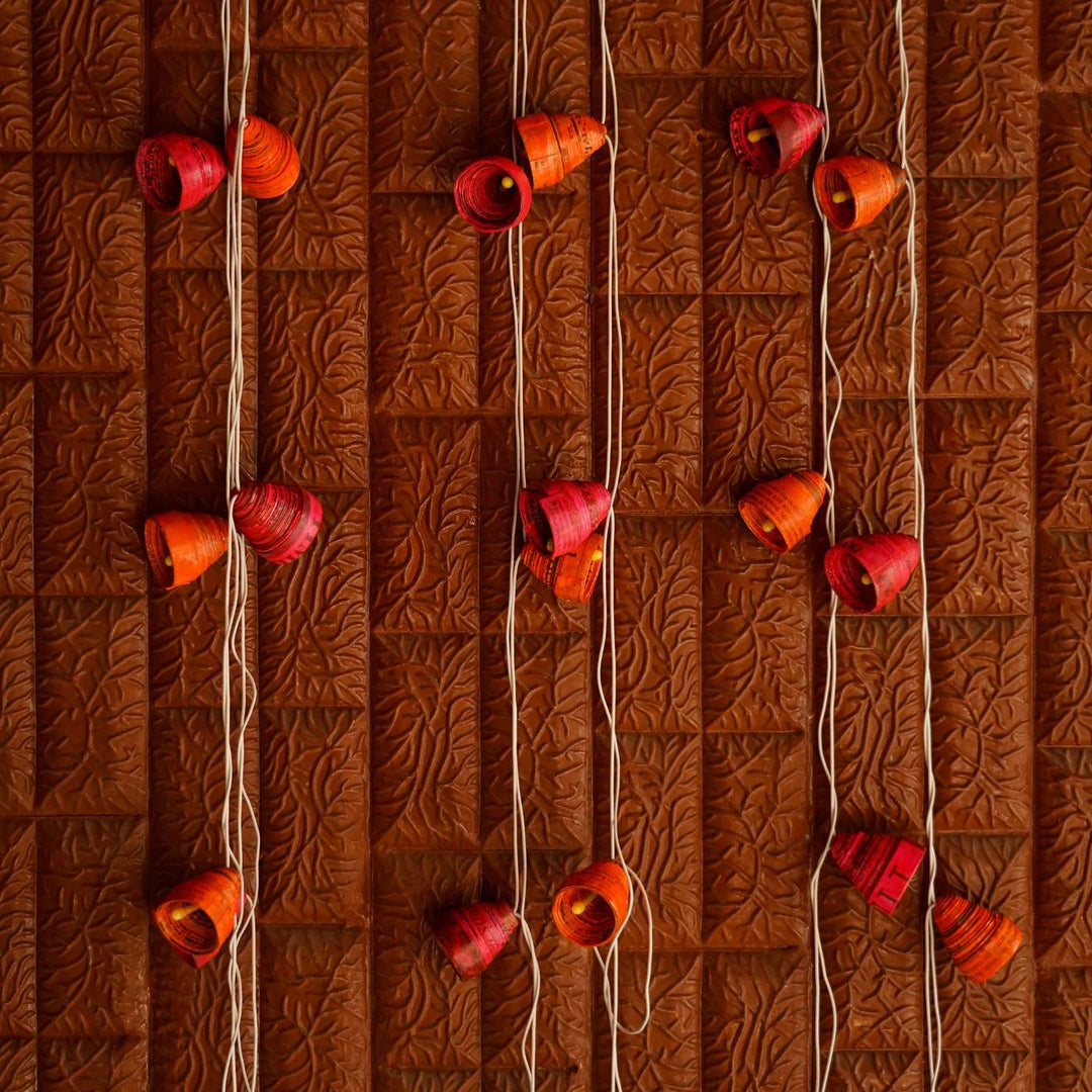 9m, 49 Bulbs | Upcycled Newspaper Indian LED Fairy Lights - Pink & Orange