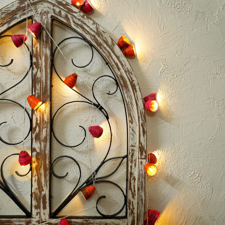 9m, 49 Bulbs | Upcycled Newspaper Indian LED Fairy Lights - Pink & Orange