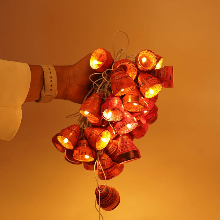 9m, 49 Bulbs | Upcycled Newspaper Indian LED Fairy Lights - Pink & Orange