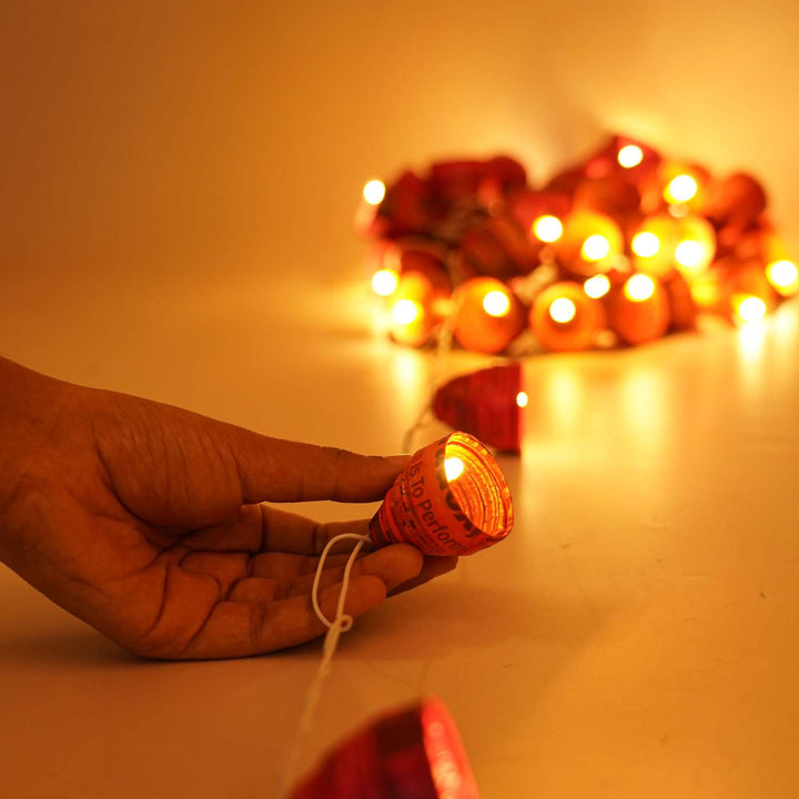 9m, 49 Bulbs | Upcycled Newspaper Indian LED Fairy Lights - Pink & Orange