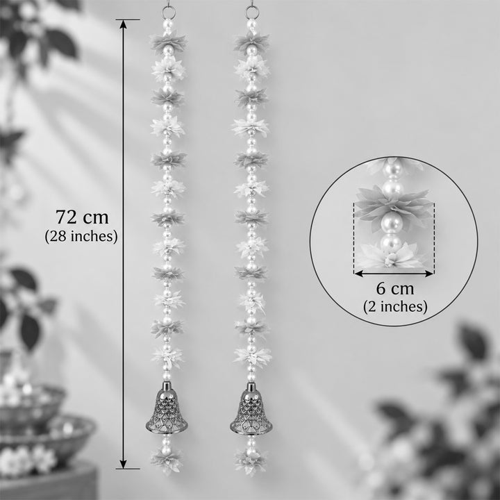 2 Pc | Handmade White & Pink Mogra Flower Pearl Hangings With Bells