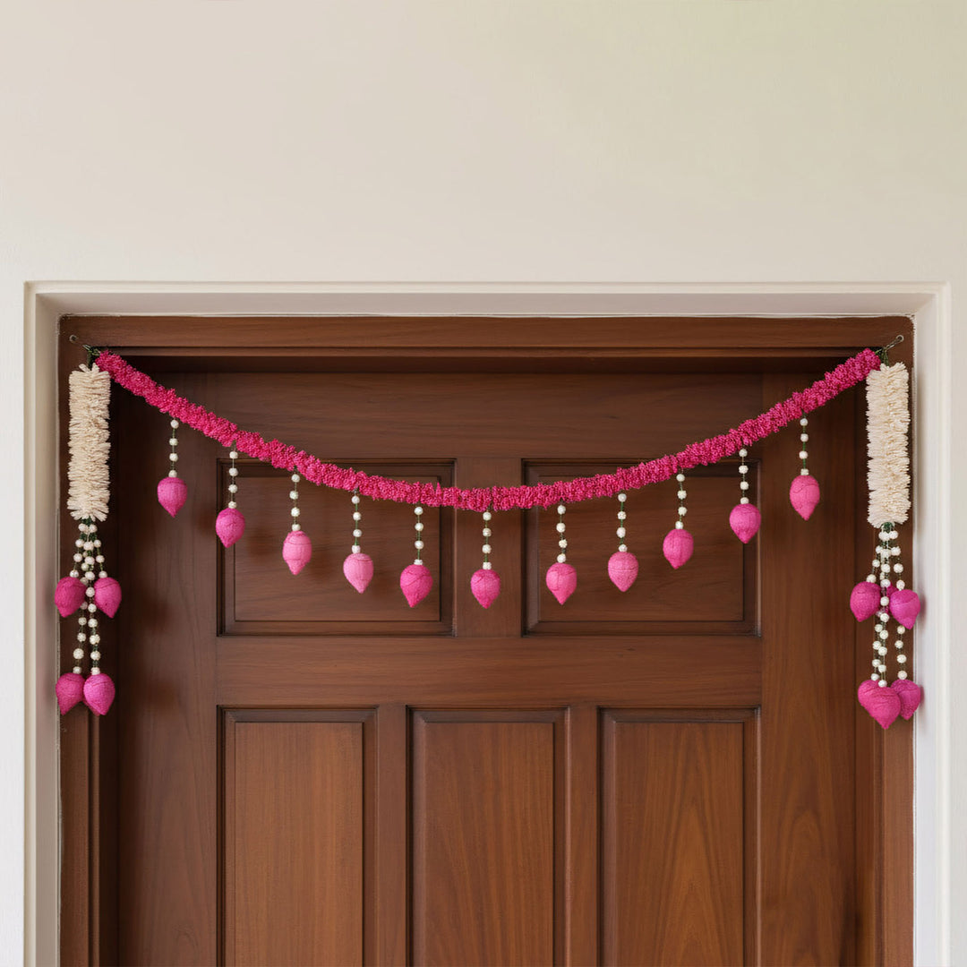 42 In | 3pc Set | Handmade Pink Royale Shola Flower Entrance Decor | Toran + 2 Hangings
