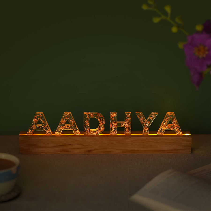 Handmade Resin White Gold Tabletop Name Plate With Led Lights - Name Personalization Example Lit Display