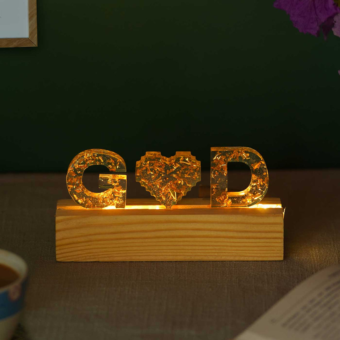 Handmade Resin White Gold Tabletop Name Plate With Couple Initials Led Lights - Front View Illuminated on Base