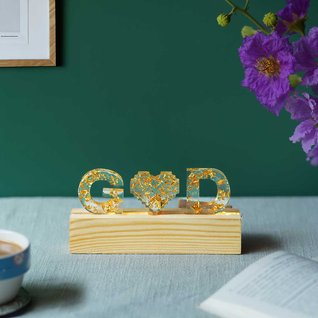 Handmade Resin White Gold Tabletop Name Plate With Couple Initials Led Lights - Front View with Wooden Base