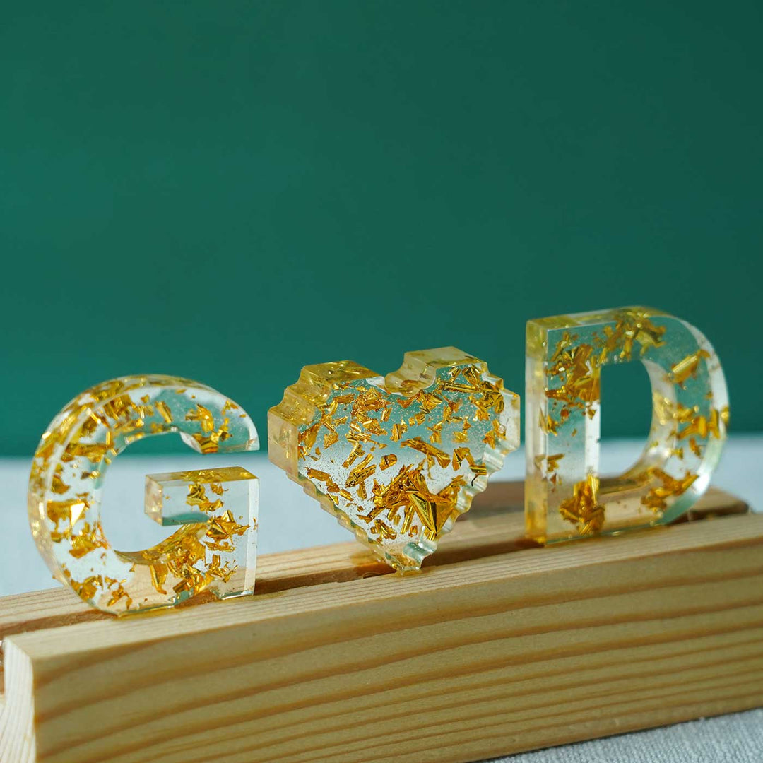 Handmade Resin White Gold Tabletop Name Plate With Couple Initials Led Lights - Front Angle on Wooden Base