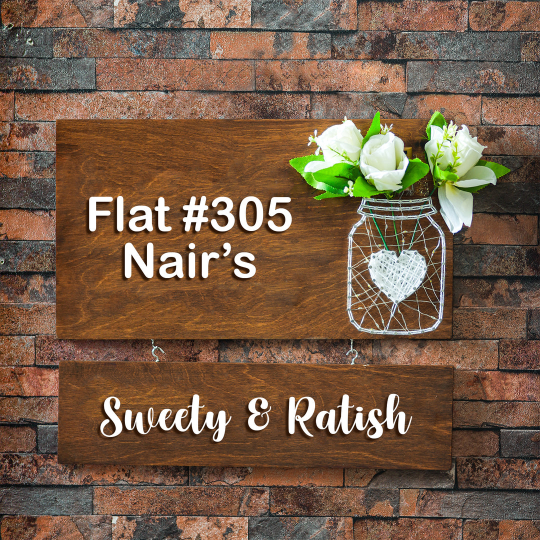Mason Jar String Art Family Name Plate - Front View Mounted on Brick Wall