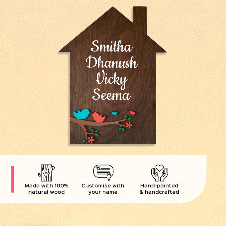 House Shaped Birds Planter Name Plate 1 - Front View with Name Personalization Example