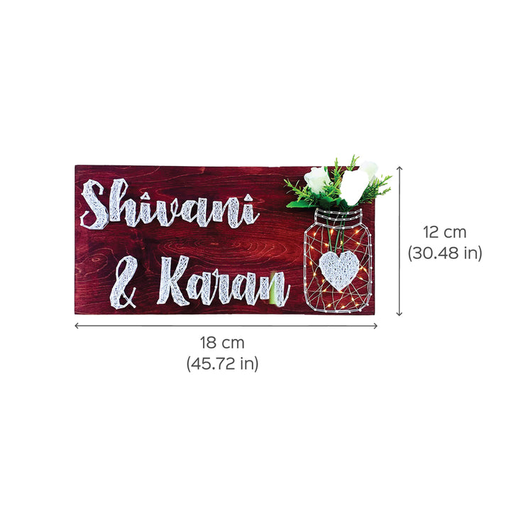 String Art Mason Jar Name Plate For Couples Chantilly White - Dimension Chart with Text and Vase