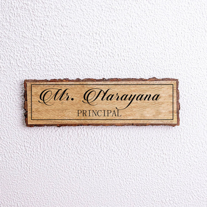 Handcrafted Mango Wood Personalized Name Plate For Principal - Front View Mounted on Wall