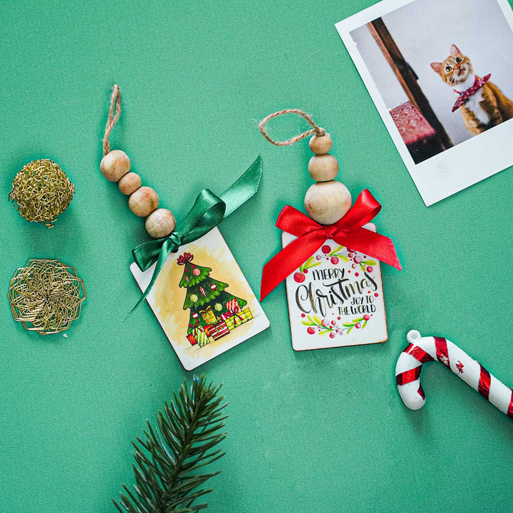 Printed Beaded Mdf Wood Ornaments For Christmas Tree Decoration | Set Of 2
