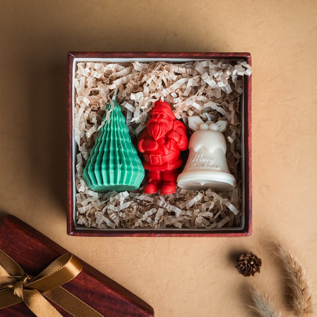 3 Pc | Handmade Xmas Tree, Santa & Bell Wax Candles For Christmas Decoration