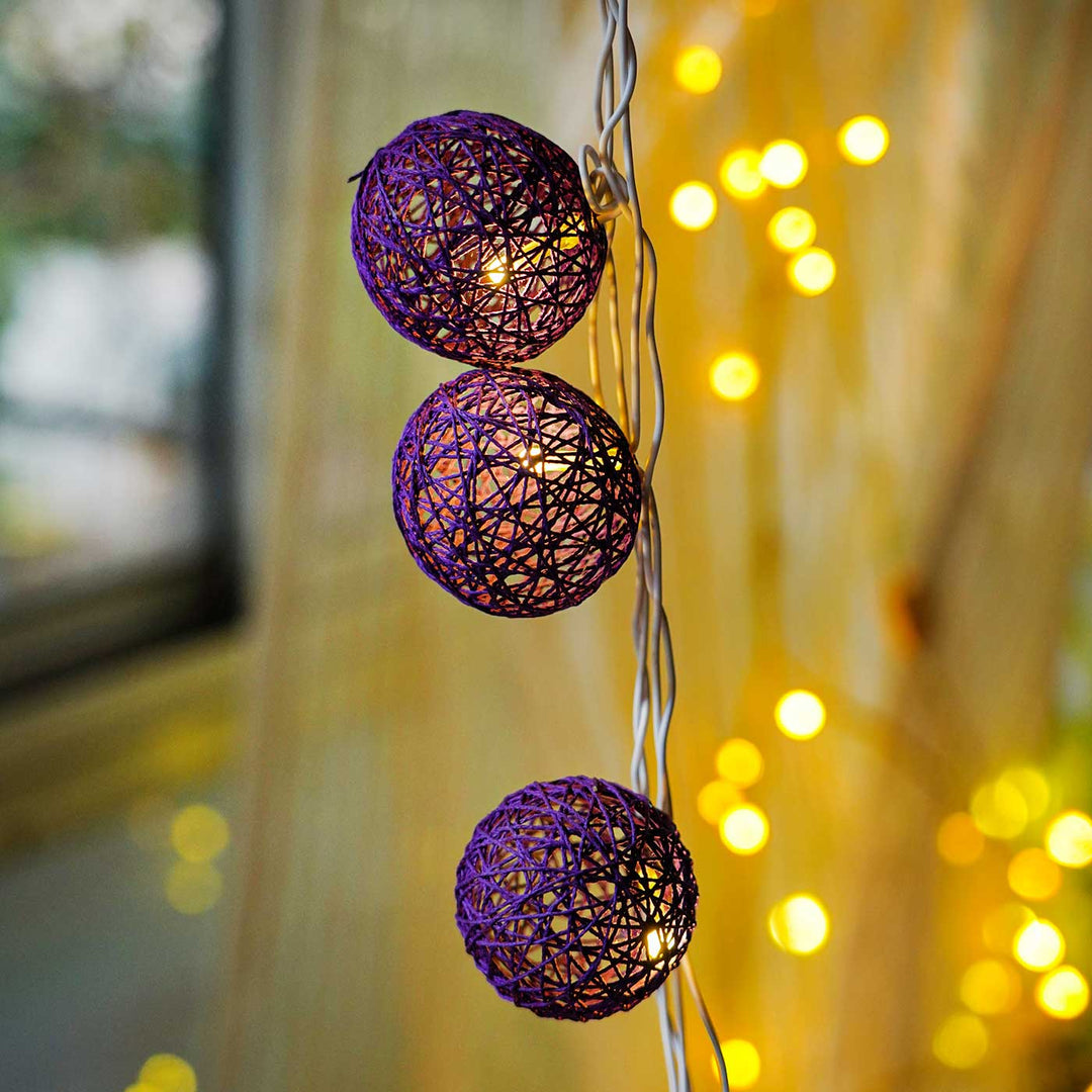 3m, 20 Bulbs | Handcrafted Yarn Spherical LED Fairy Light Hangings - Purple