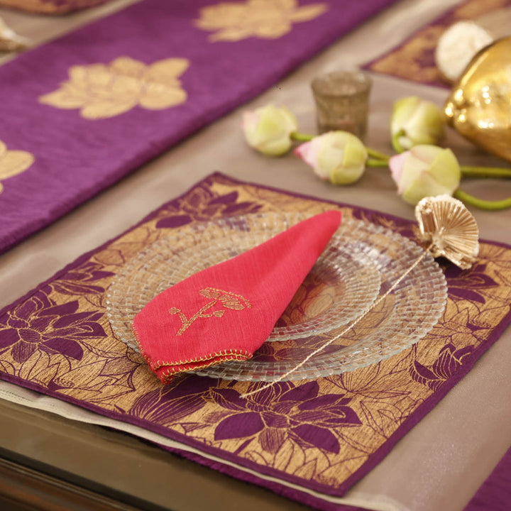 Handmade Lotus Flower Design Silk Table Mat | Set Of 6