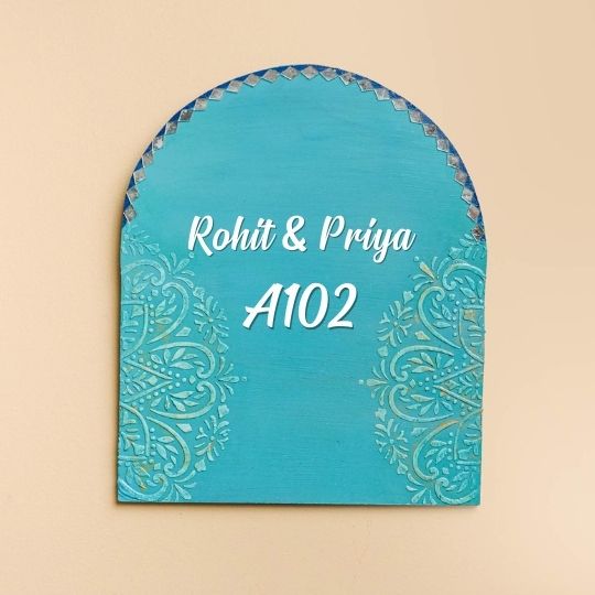 Personalized Royal Blue Theme Mdf Wood Name Plate - Front View with Name Personalization