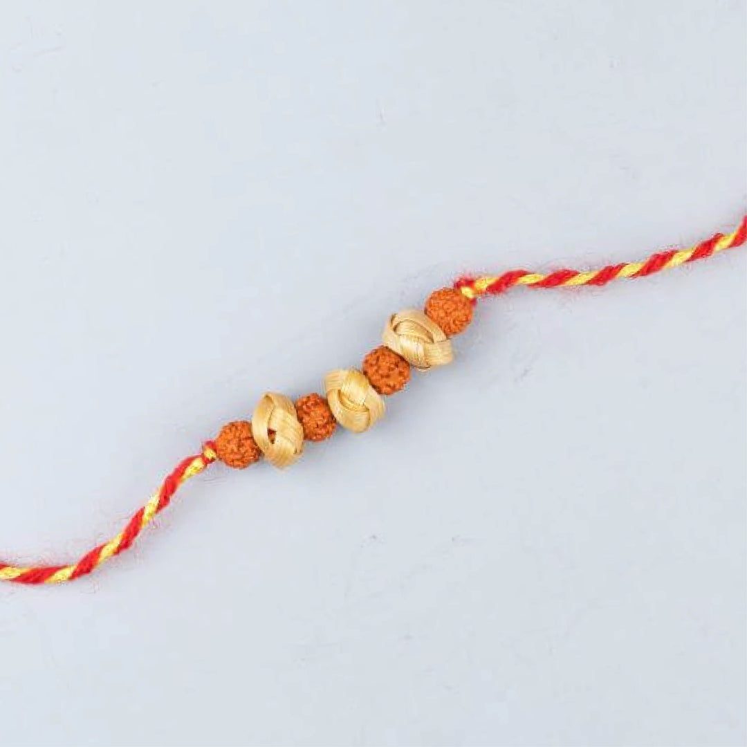 Ecofriendly Bamboo Rakhi With Roli Chawal 6 - Single rakhi close-up with rudraksha