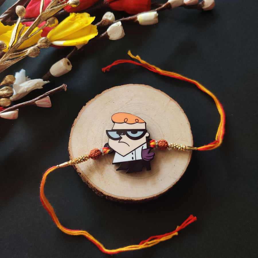 Handmade Printed Dexter Wooden Rudraksha Rakhi With Roli Chawal - Front View on Wood Slice