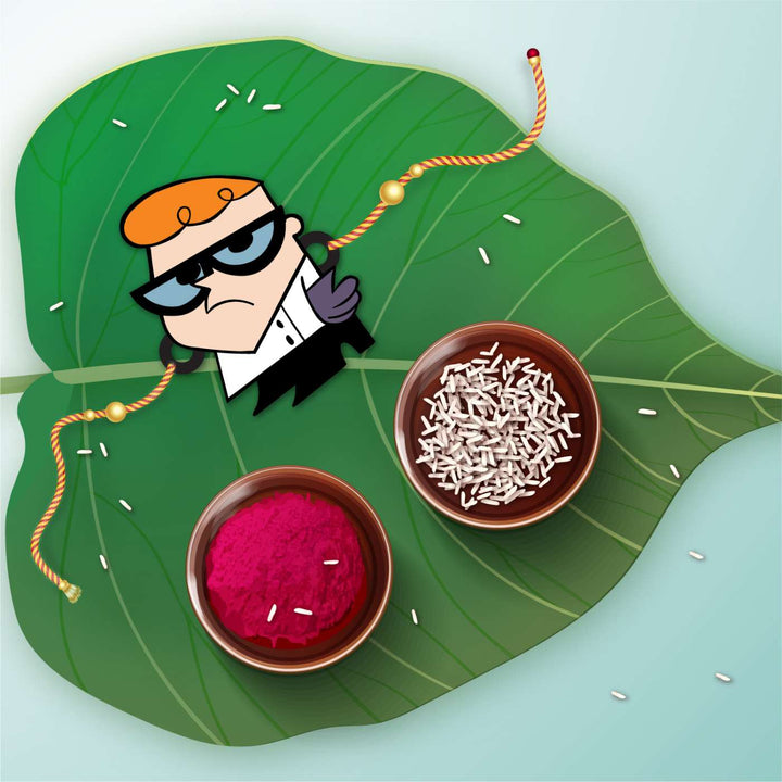 Handmade Printed Dexter Wooden Rudraksha Rakhi With Roli Chawal - Styled with Leaf Background