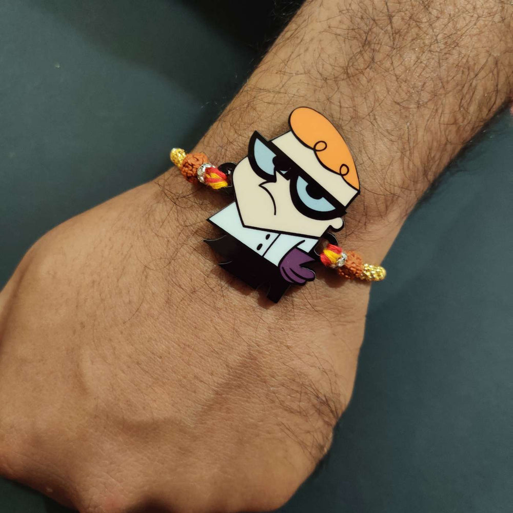 Handmade Printed Dexter Wooden Rudraksha Rakhi With Roli Chawal - Wrist View on Model