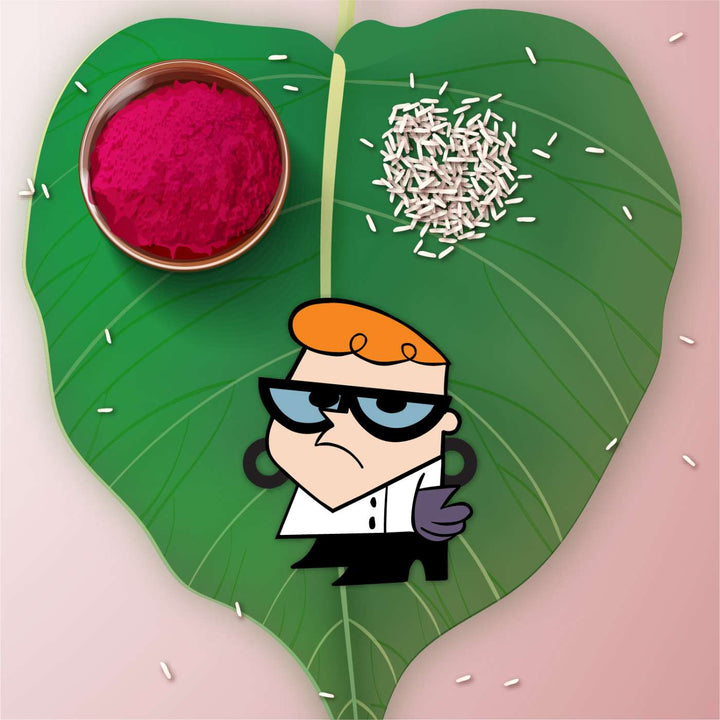 Handmade Printed Dexter Wooden Rudraksha Rakhi With Roli Chawal - Flat Lay with Leaf and Bowls