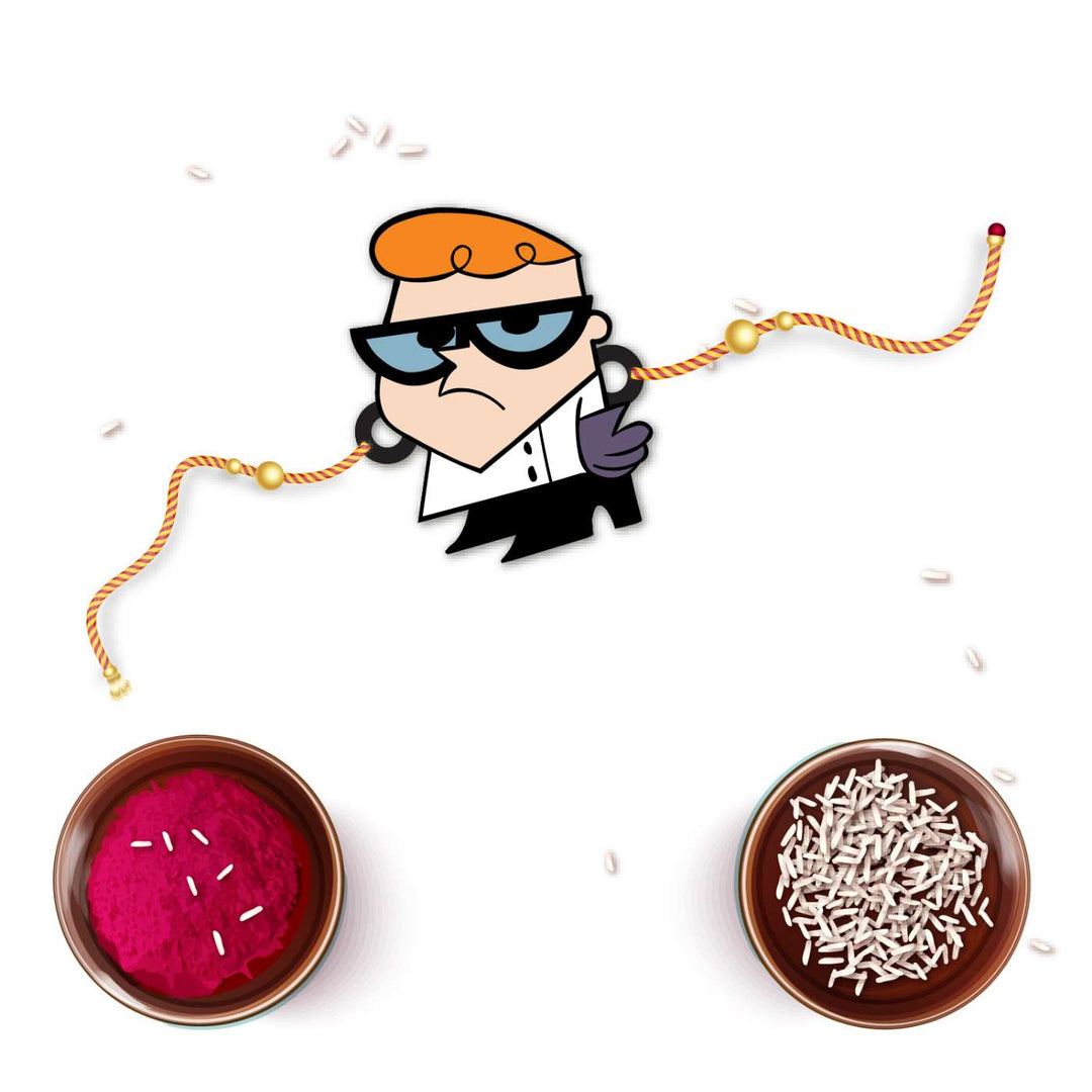 Handmade Printed Dexter Wooden Rudraksha Rakhi With Roli Chawal - Flat Lay with Promotional Items