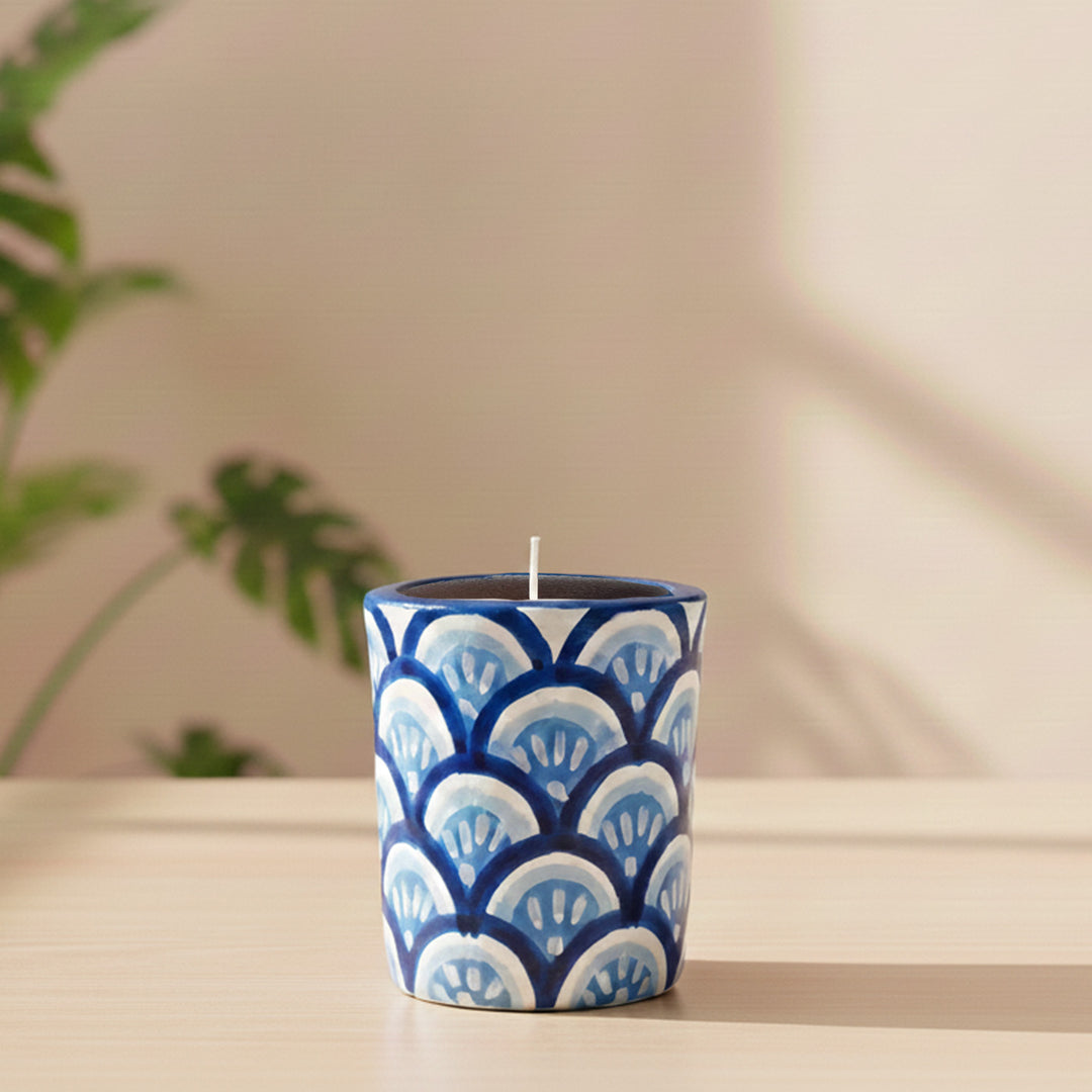 Hand-Painted Blue Indigo Terracotta Candle Holder With Candle