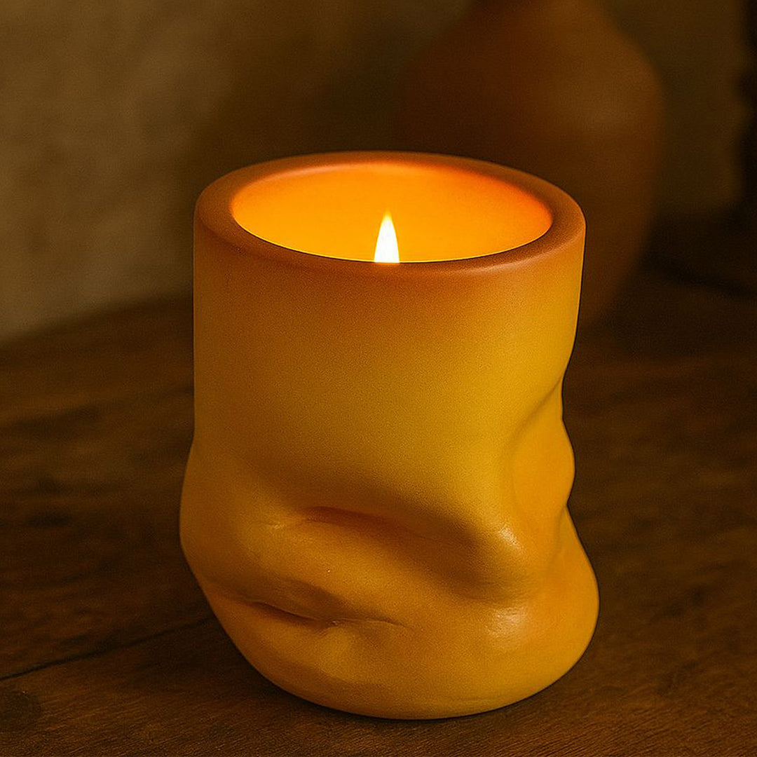 Hand-Painted Slumped Design Terracotta Candle Holder With Candle