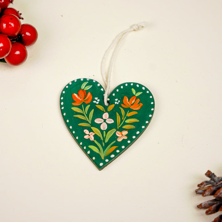 9 Pc | Handpainted Nordic Noel Green Folk Art MDF Ornament Set