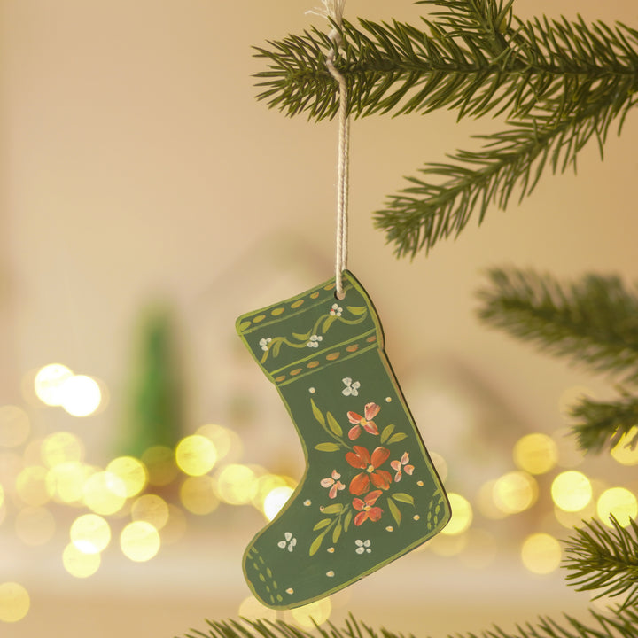 9 Pc | Handpainted Nordic Noel Green Folk Art MDF Ornament Set
